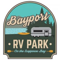 Bayport RV Park logo with trailer, kayak, river, trees